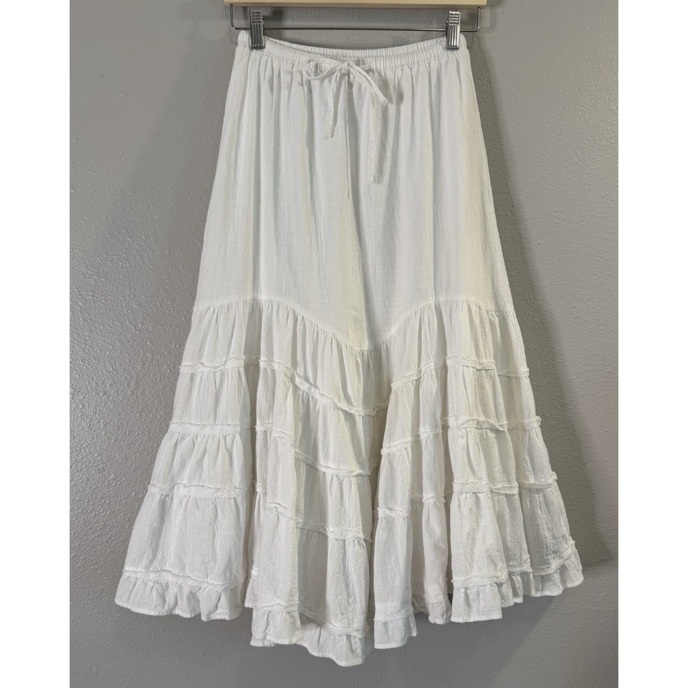 White Cotton Tiered Ruffle Prairie Midi Skirt Cottagecore Boho Elastic Waist XS